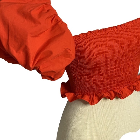 NWOT ZARA Red Puff Sleeve Smocked Tube Top Ruffle Cropped Festival Cotton S - Picture 4 of 13